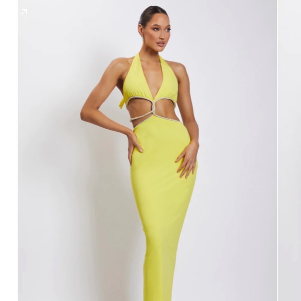NWT Meshki Nicha Diamante Cut Out Rhinestone Sparkle Maxi Dress Gown
